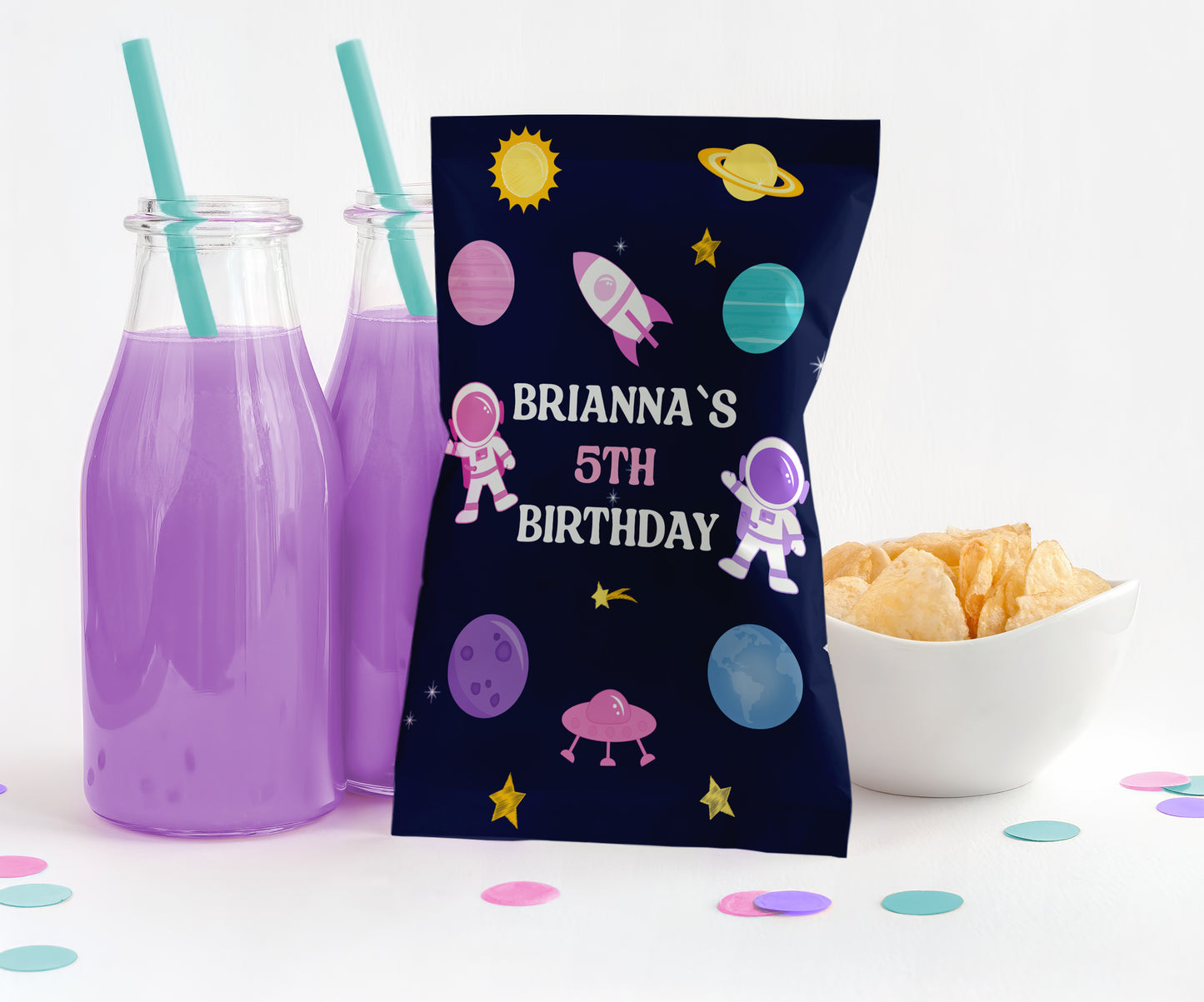 Personalized Girls Outer Space Potato Chip Bag Wrappers - 12 Ct