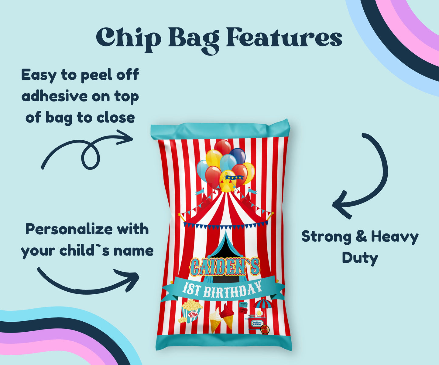 Personalized Carnival Potato Chip Bag Wrappers - 12 Ct