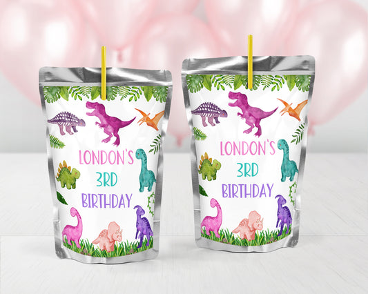 Personalized Girl Dinosaur Juice Pouch Stickers - 12 Ct