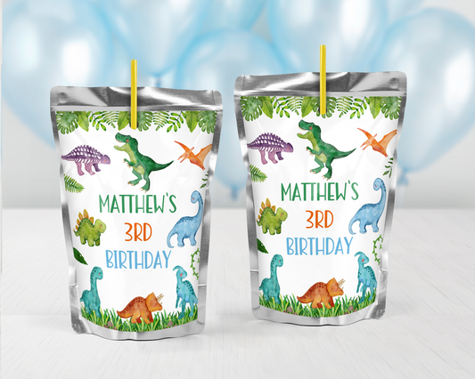 Personalized Dinosaur Juice Pouch Stickers - 12 Ct