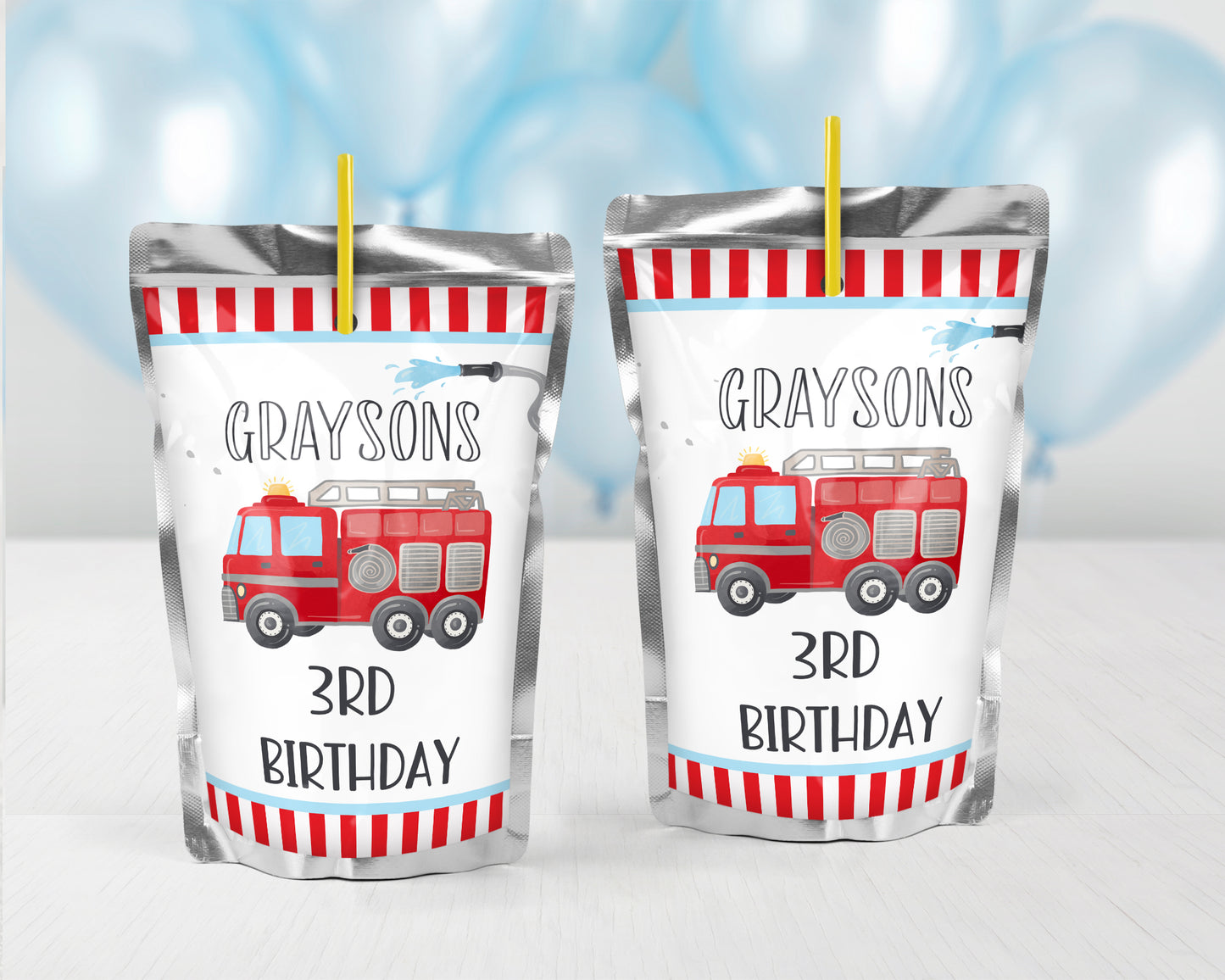 Personalized Firetruck Juice Pouch Stickers - 12 Ct