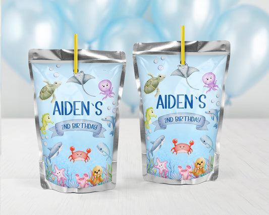 Personalized Ocean Animals Juice Pouch Stickers - 12 Ct