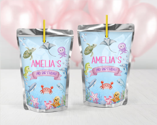 Personalized Girls Ocean Animals Juice Pouch Stickers - 12 Ct