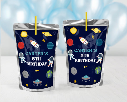 Personalized Outer Space Theme Juice Pouch Stickers - 12 Ct