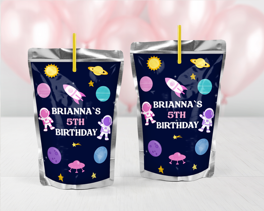 Personalized Girls Outer Space Theme Juice Pouch Stickers - 12 Ct