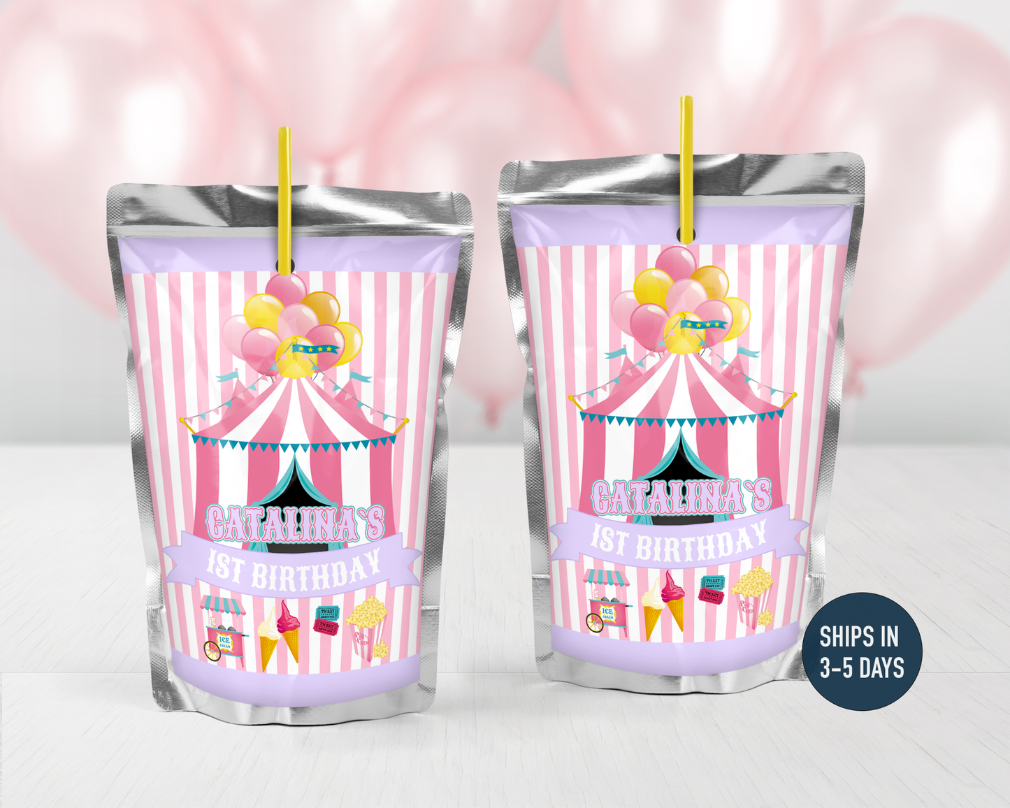 Personalized Pastel Carnival Juice Pouch Stickers - 12 Ct