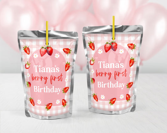 Personalized Strawberry Juice Pouch Stickers - 12 Ct