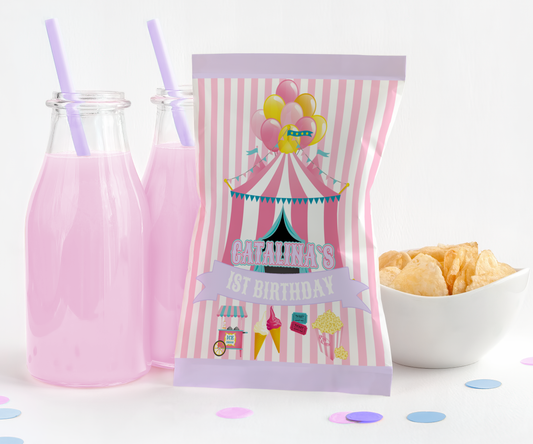 Personalized Pastel Carnival Theme Potato Chip Bag Wrappers - 12 Ct