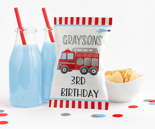 Personalized Firetruck Potato Chip Bag Wrappers - 12 Ct