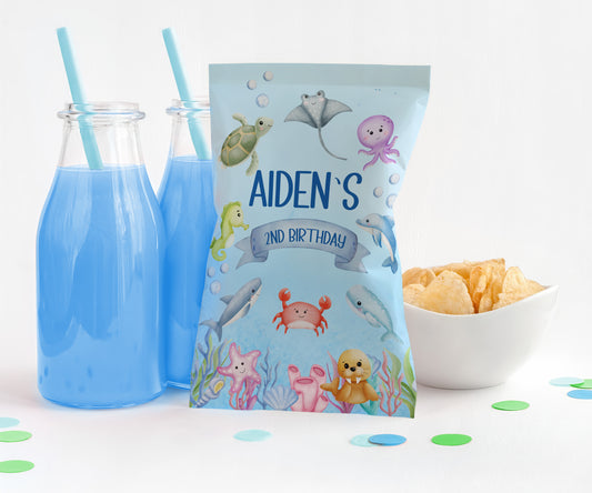 Personalized Ocean Animals Potato Chip Bag Wrappers - 12 Ct