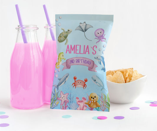 Personalized Girls Ocean Animals Potato Chip Bag Wrappers - 12 Ct