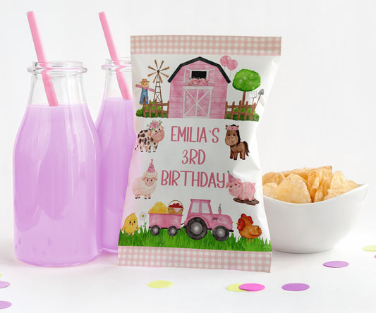 Personalized Pink Farm Animals Theme Potato Chip Bag Wrappers - 12 Ct