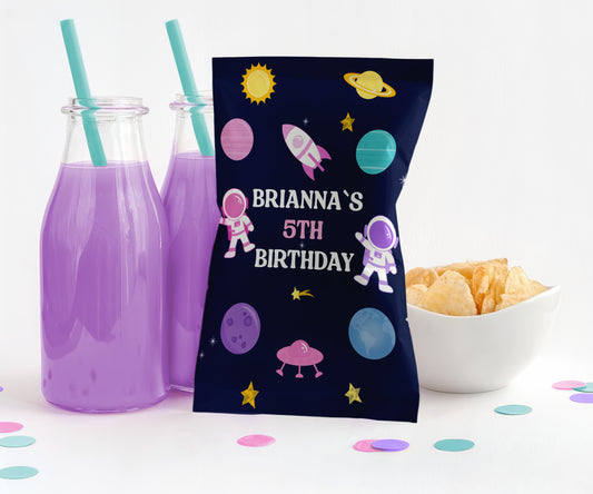 Personalized Girls Outer Space Potato Chip Bag Wrappers - 12 Ct