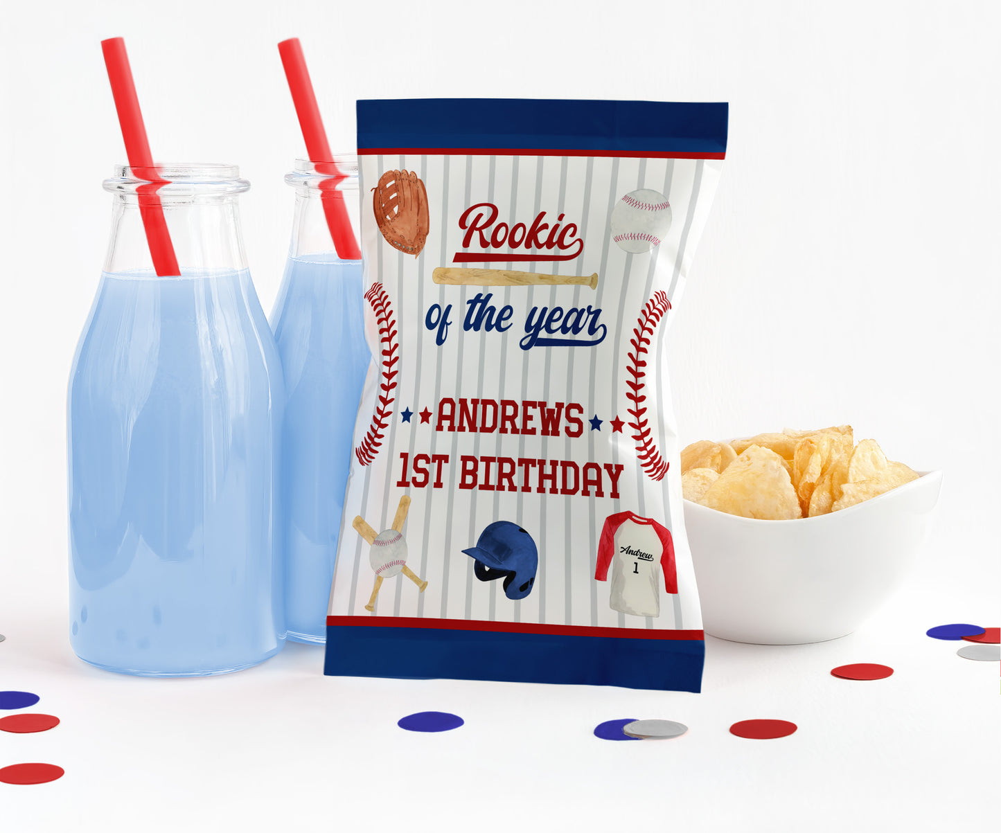 Personalized Rookie of The Year Baseball Theme Potato Chip Bag Wrappers - 12 Ct