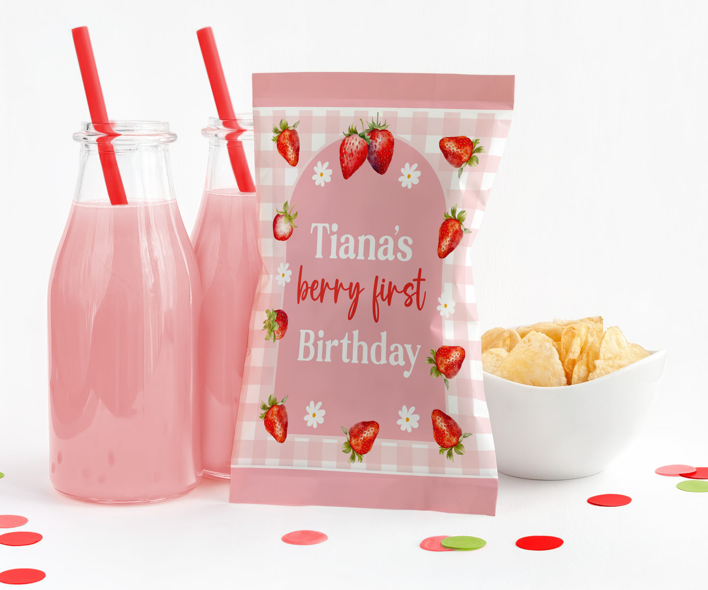 Personalized Strawberry Theme Potato Chip Bag Wrappers - 12 Ct