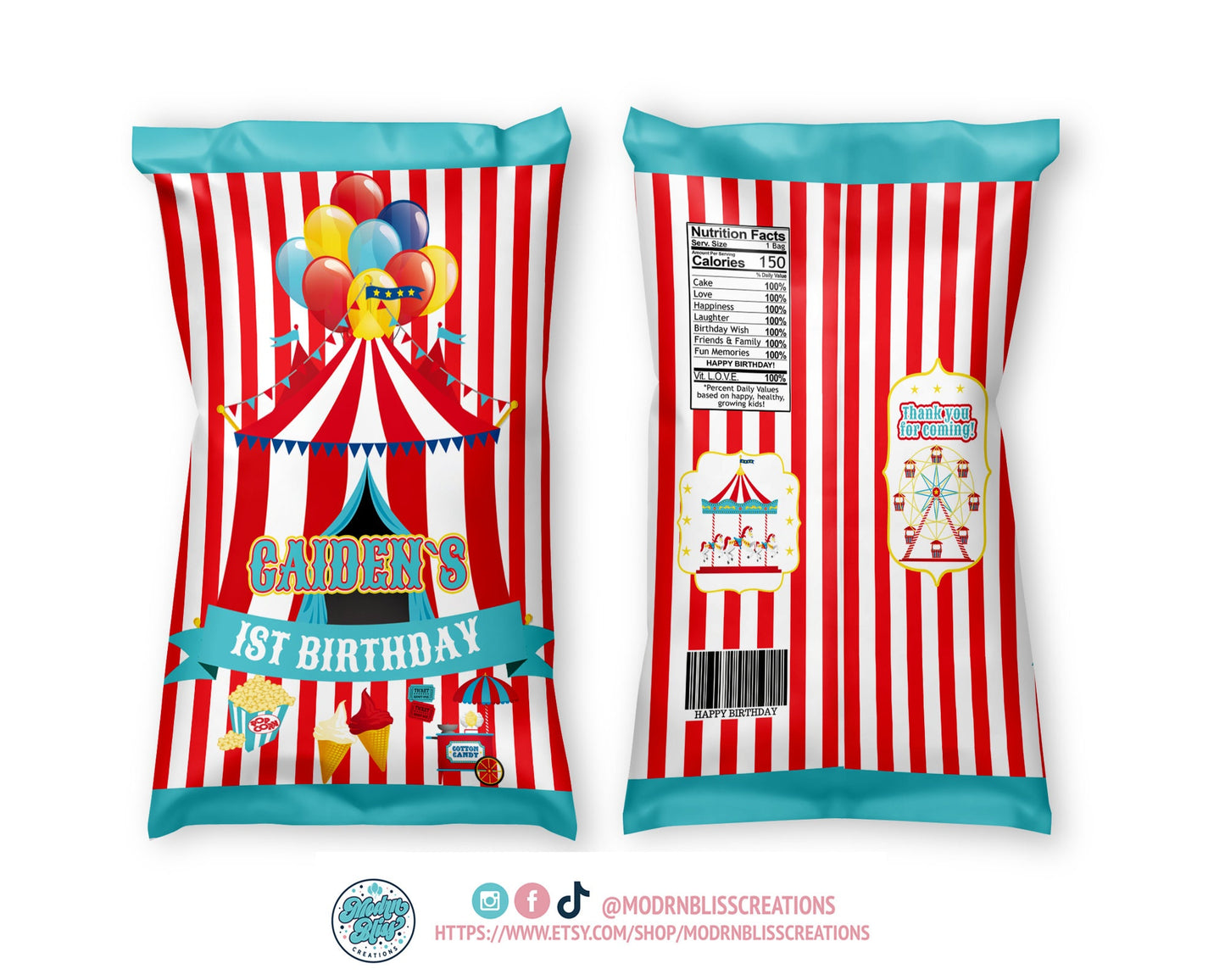 Personalized Carnival Potato Chip Bag Wrappers - 12 Ct