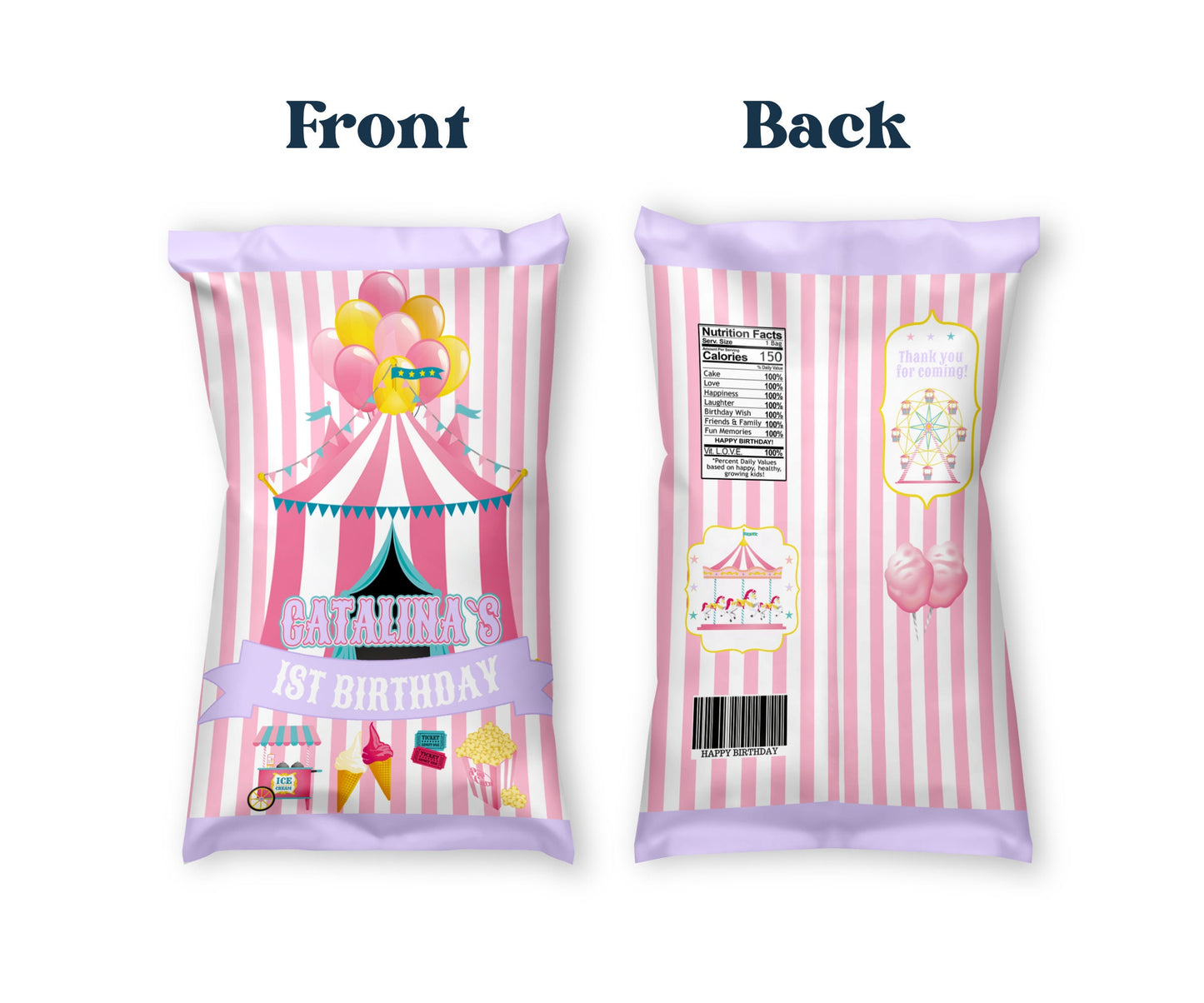 Personalized Pastel Carnival Theme Potato Chip Bag Wrappers - 12 Ct